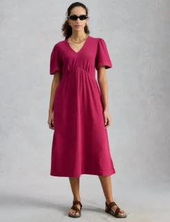 Pure Cotton V-Neck Textured Midi Waisted Dress