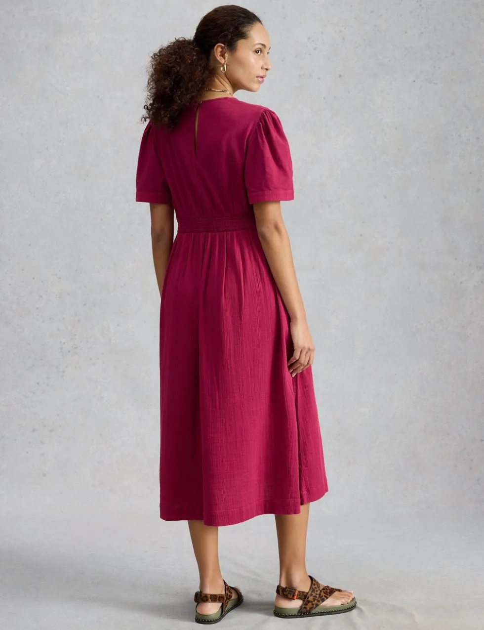 Pure Cotton V-Neck Textured Midi Waisted Dress