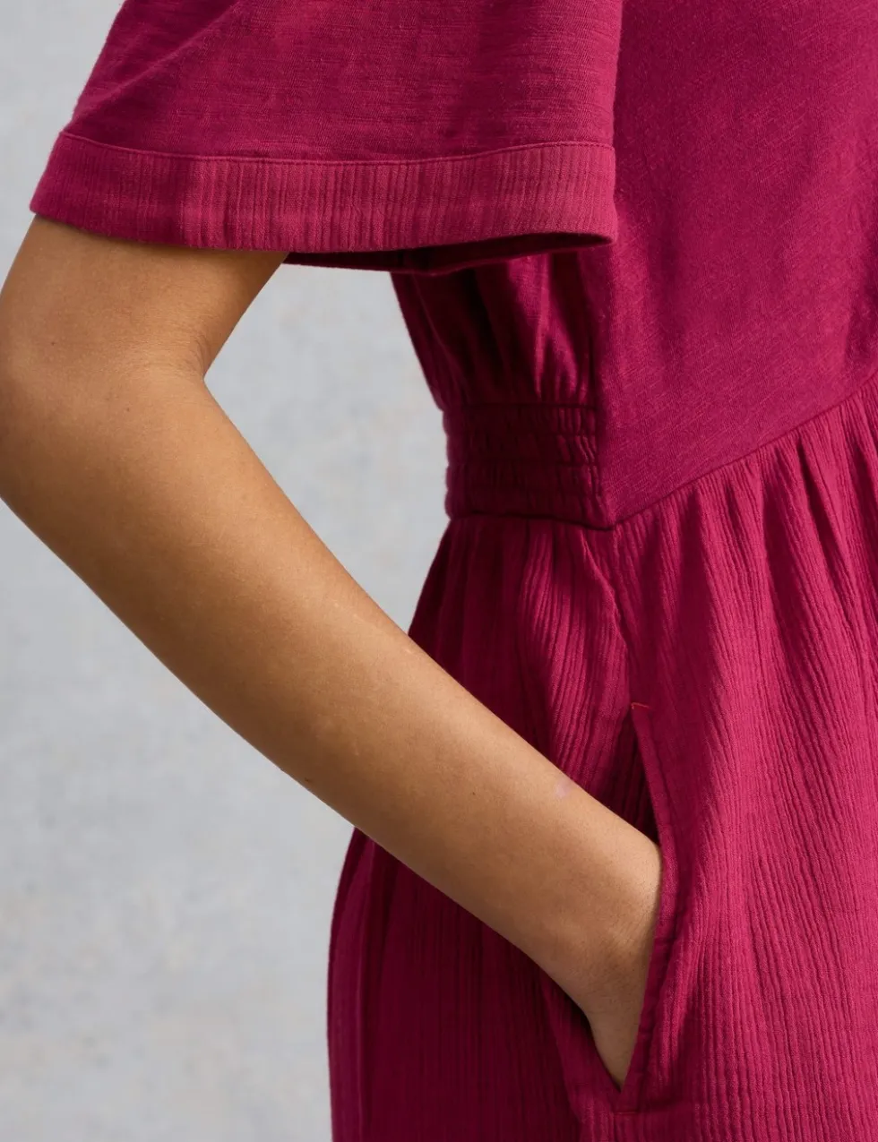 Pure Cotton V-Neck Textured Midi Waisted Dress