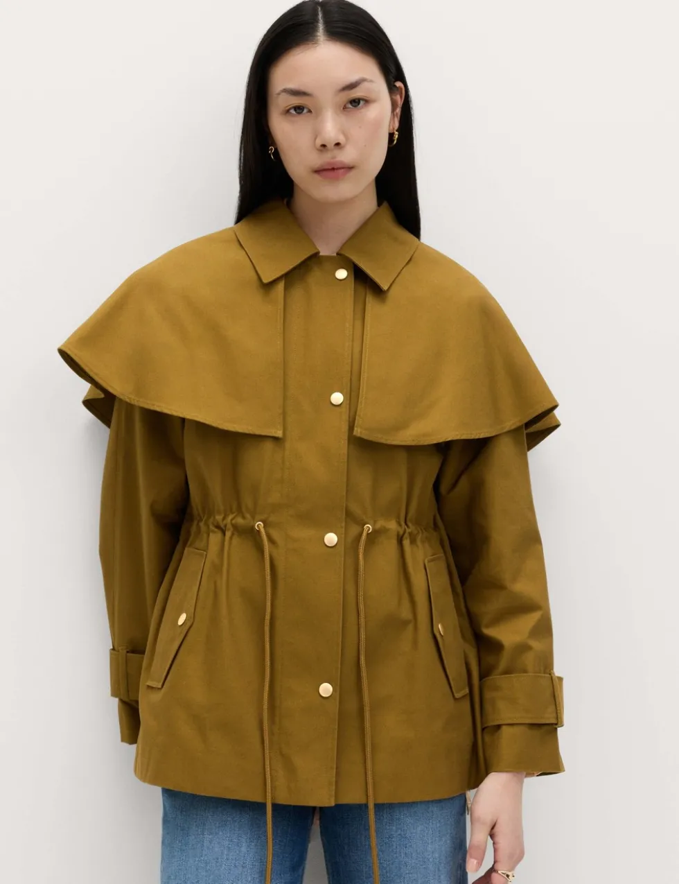 Pure Cotton Waisted Collared Cape Coat