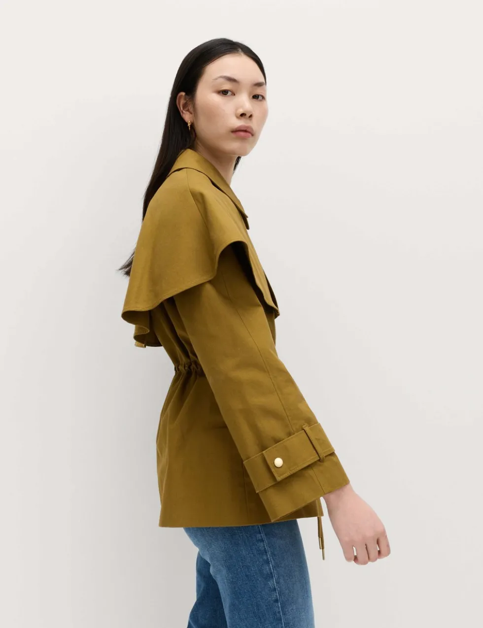 Pure Cotton Waisted Collared Cape Coat