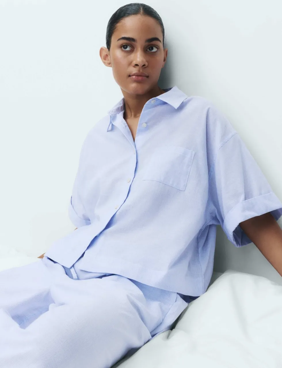 Pure Cotton Woven Stripe Collared Pyjama Top