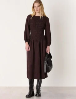 Pure Cupro Checked Midi Shirred Dress