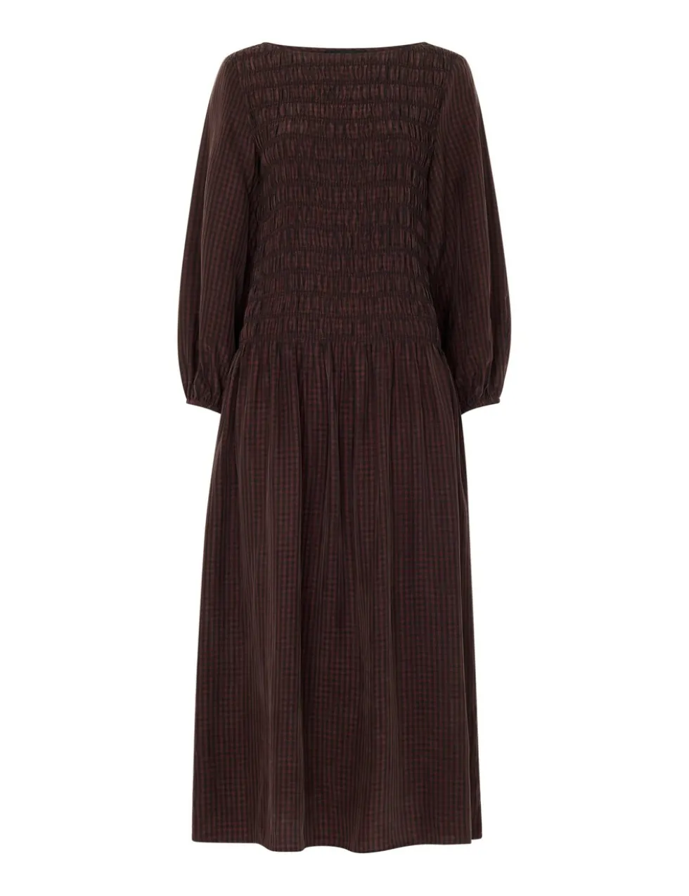 Pure Cupro Checked Midi Shirred Dress