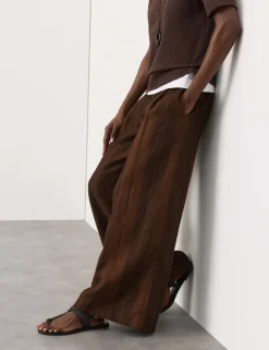Pure Flax Linen Striped Wide Leg Trousers