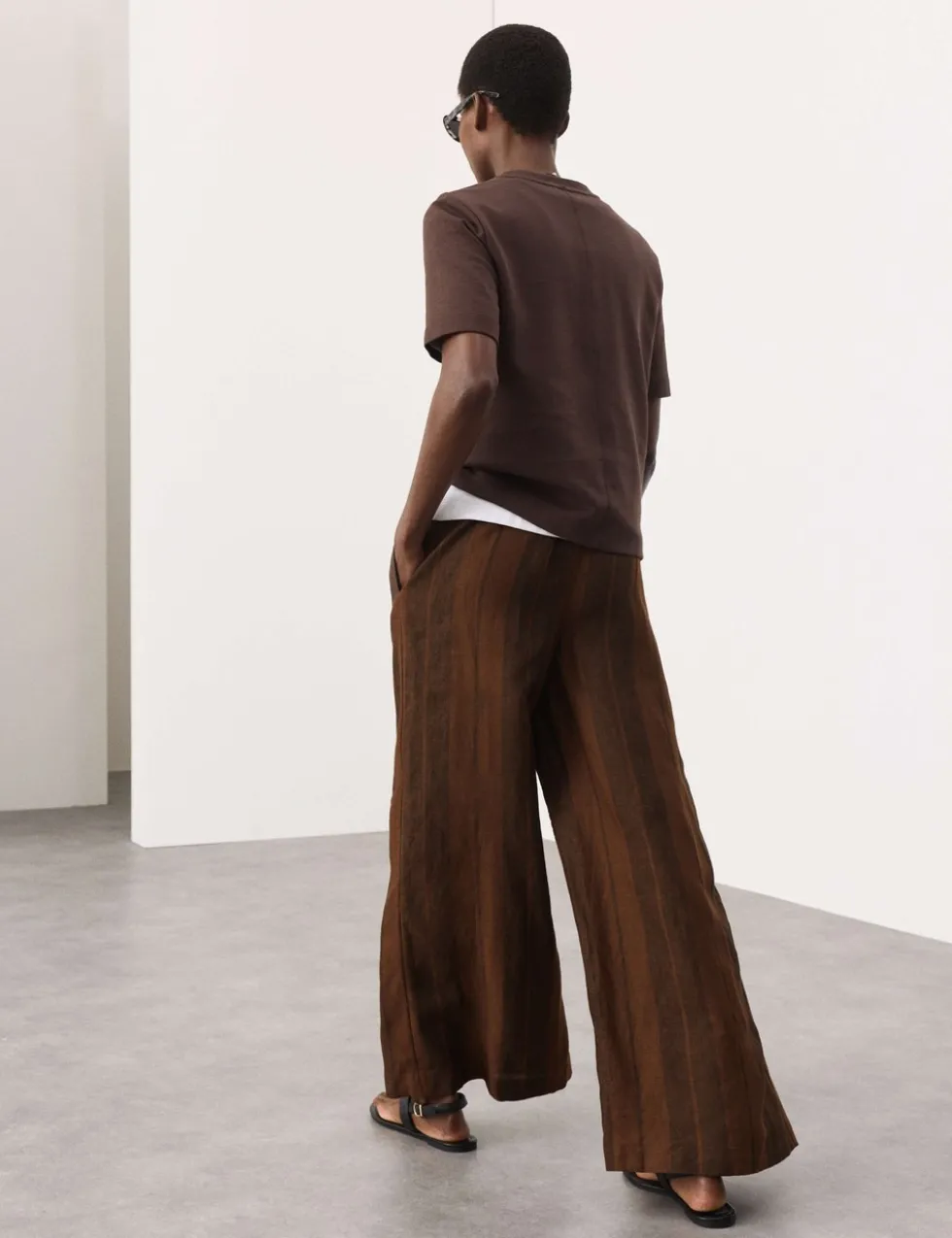 Pure Flax Linen Striped Wide Leg Trousers