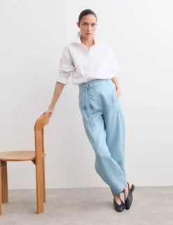 Pure Linen Belted Barrel Leg Trousers