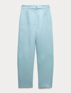 Pure Linen Belted Barrel Leg Trousers