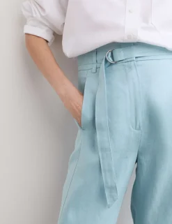 Pure Linen Belted Barrel Leg Trousers