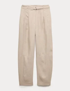 Pure Linen Belted Barrel Leg Trousers