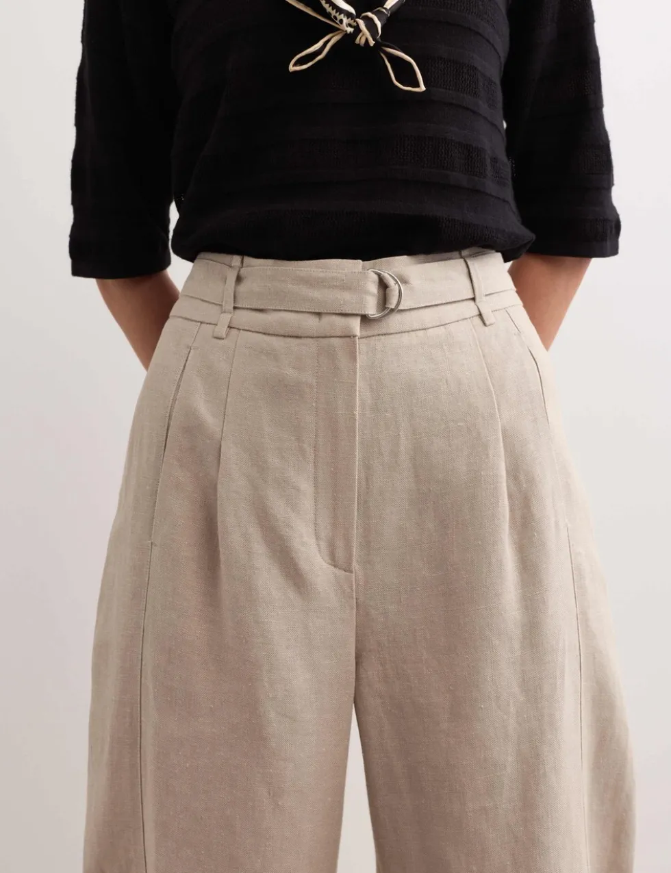 Pure Linen Belted Barrel Leg Trousers