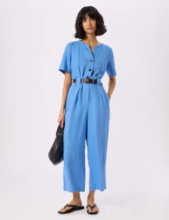 Pure Linen Belted Cropped Jumpsuit