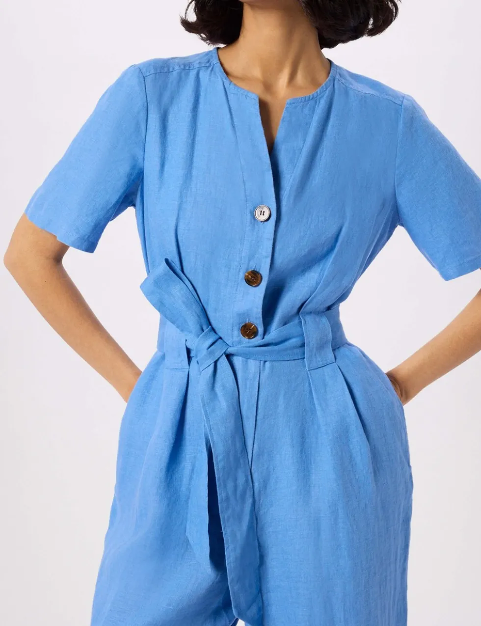 Pure Linen Belted Cropped Jumpsuit