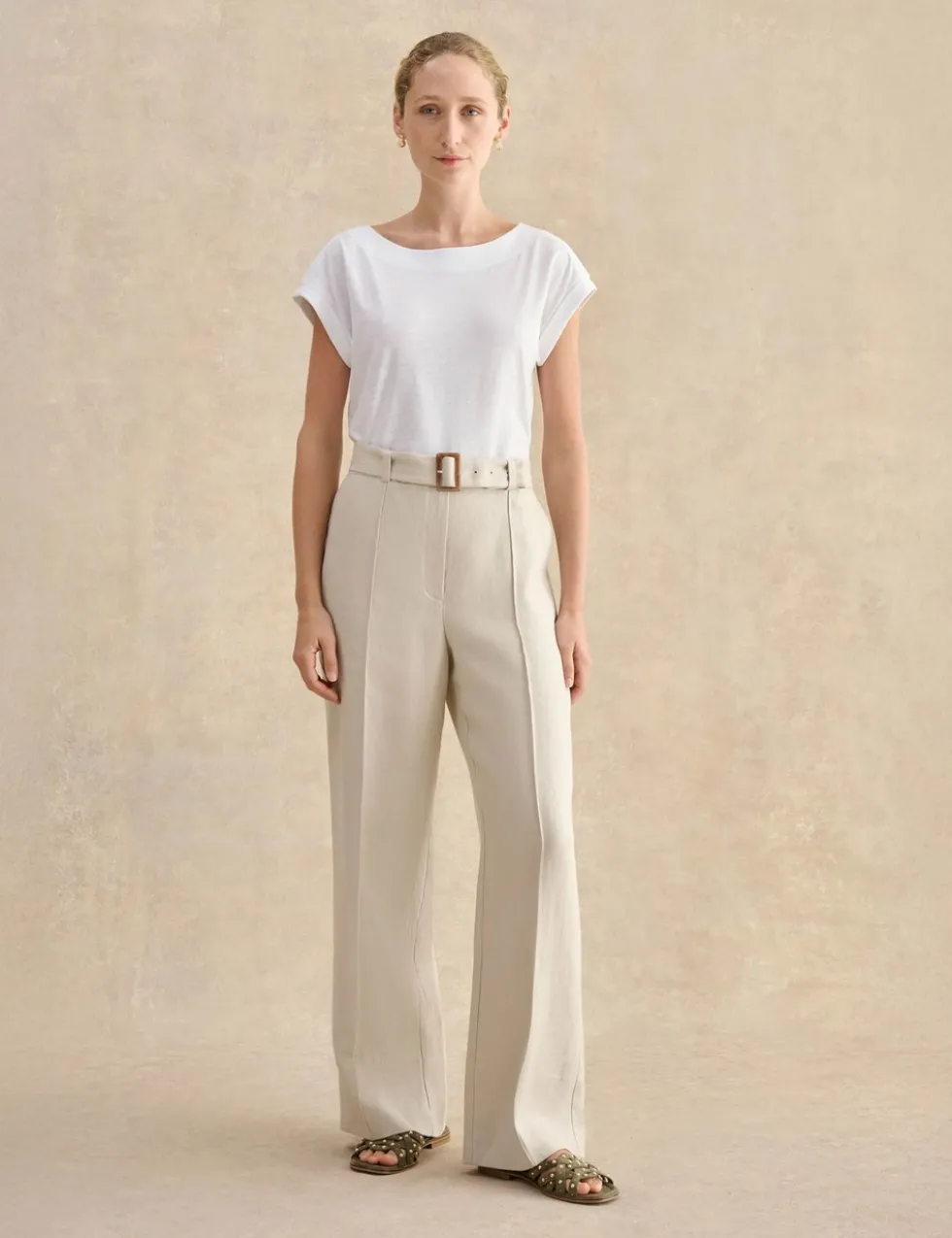 Pure Linen Belted Wide Leg Trousers