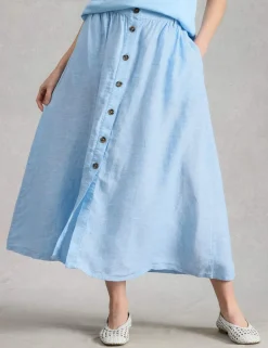 Pure Linen Button Front Midi A-Line Skirt