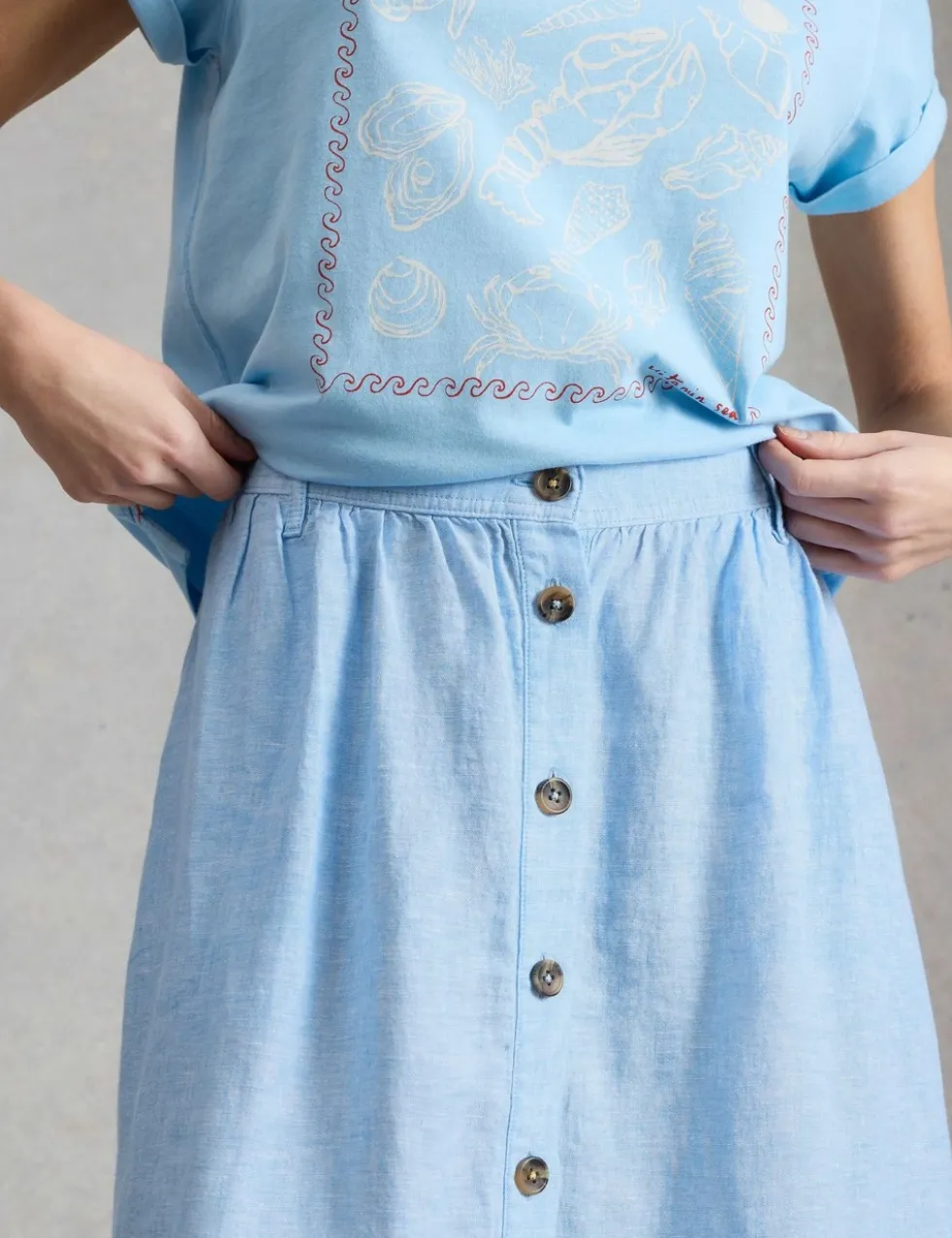 Pure Linen Button Front Midi A-Line Skirt