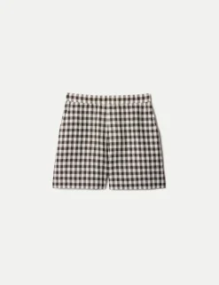 Pure Linen Checked High Waisted Shorts