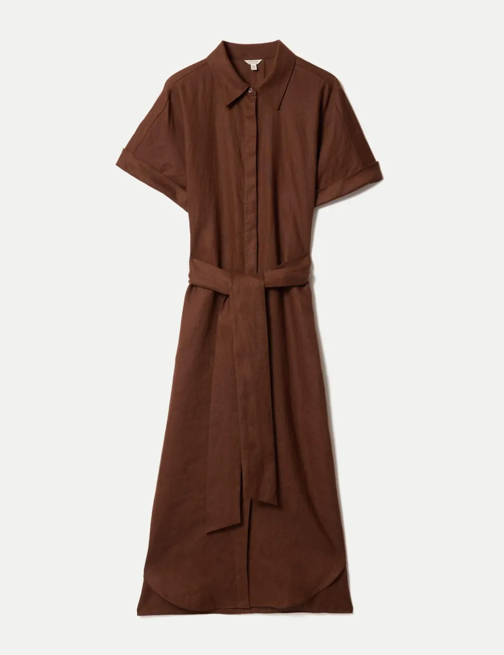 Pure Linen Collared Belted Midi Shirt Dress
