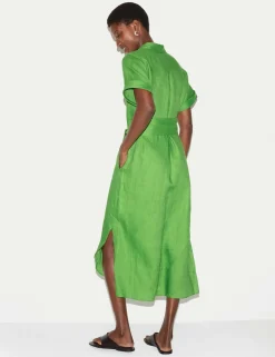 Pure Linen Collared Belted Midi Shirt Dress