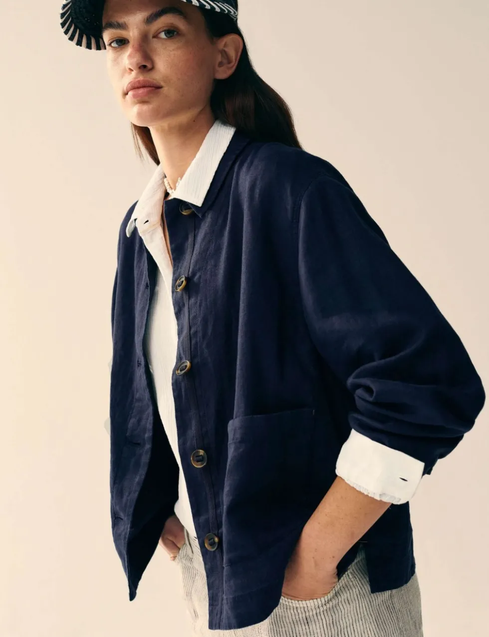 Pure Linen Collared Utility Jacket
