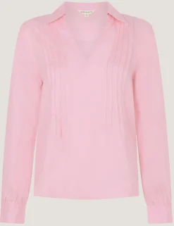 Pure Linen Collared V-Neck Pintuck Blouse