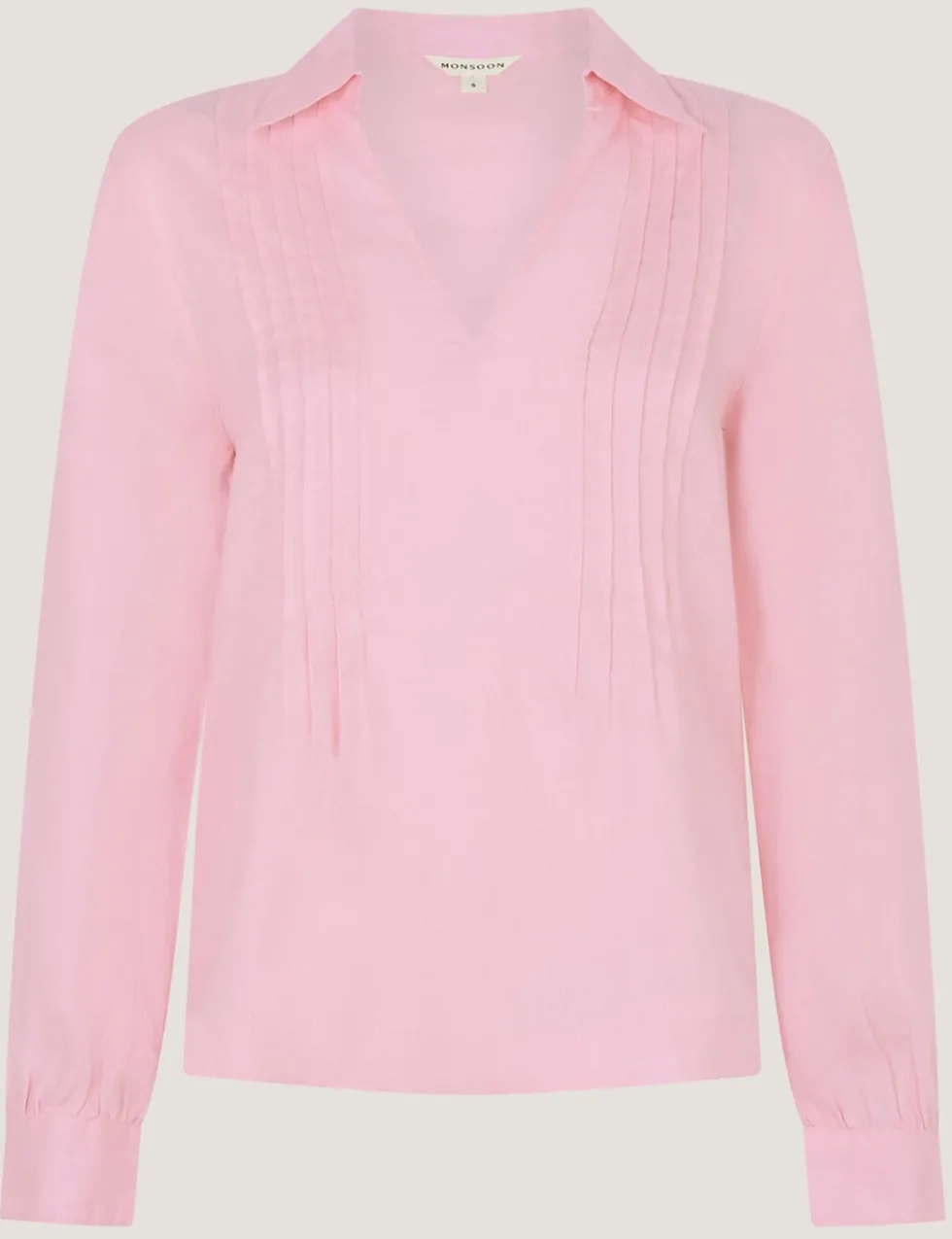 Pure Linen Collared V-Neck Pintuck Blouse