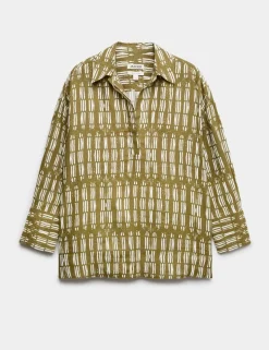 Pure Linen Dash Printed Popover Blouse