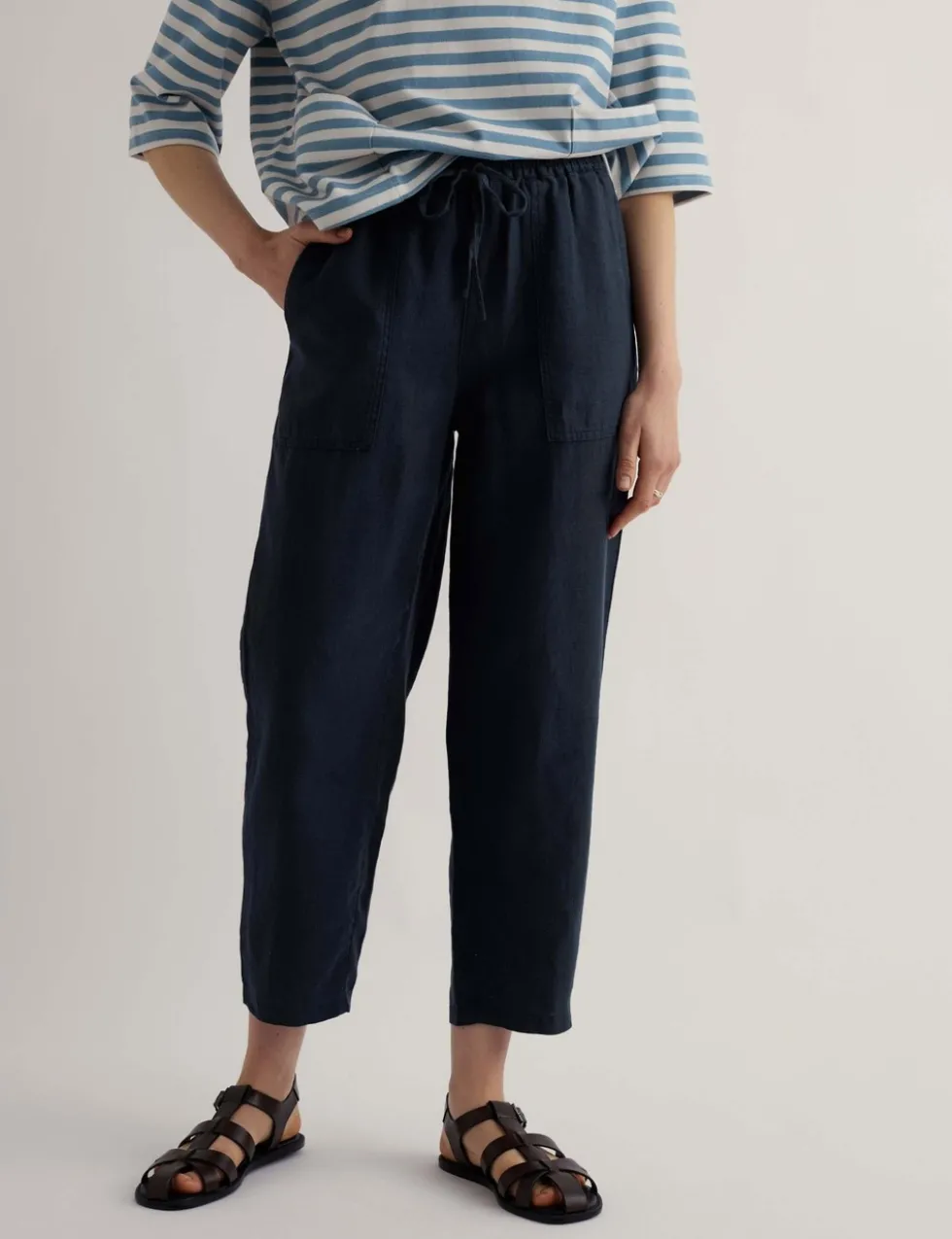 Pure Linen Drawstring Ankle Grazer Trousers