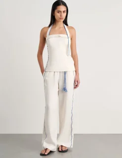 Pure Linen Embroidered Halter Neck Top