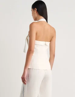 Pure Linen Embroidered Halter Neck Top
