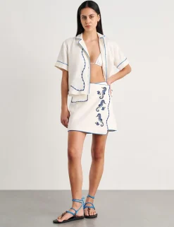 Pure Linen Embroidered Mini Wrap Skirt