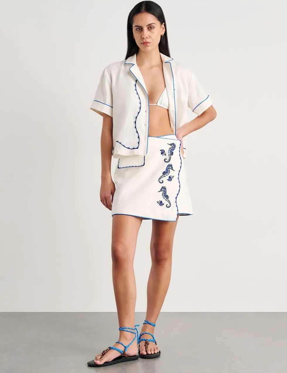 Pure Linen Embroidered Mini Wrap Skirt