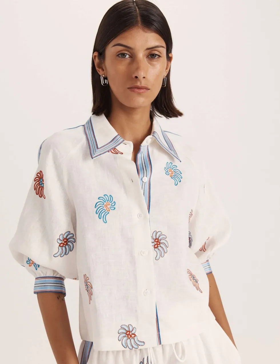 Pure Linen Floral Embroidery Beach Shirt