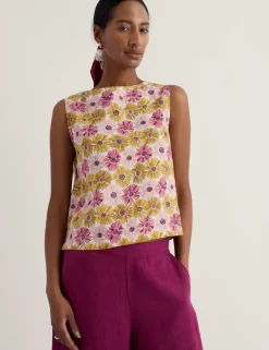 Pure Linen Floral Slash Neck Top