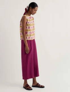 Pure Linen Floral Slash Neck Top