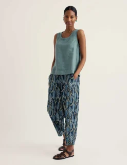 Pure Linen Floral Tapered Cropped Trousers