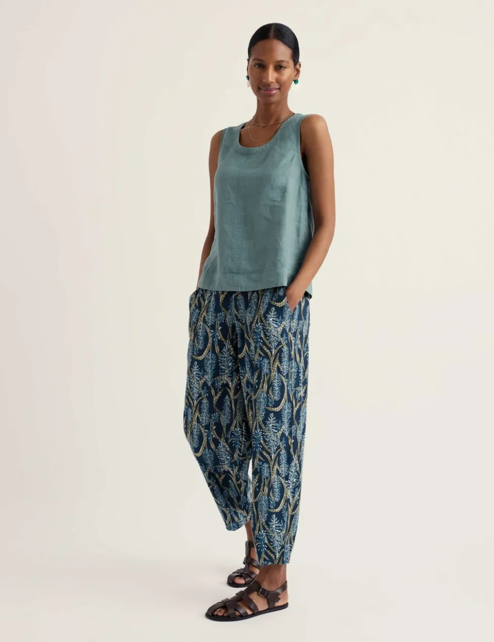 Pure Linen Floral Tapered Cropped Trousers