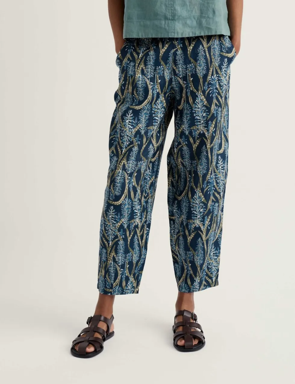 Pure Linen Floral Tapered Cropped Trousers