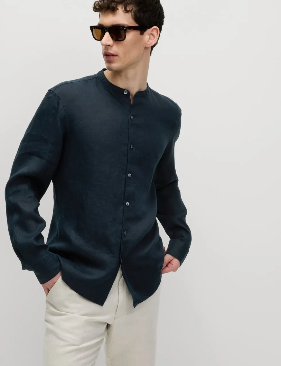 Pure Linen Grandad Collar Shirt