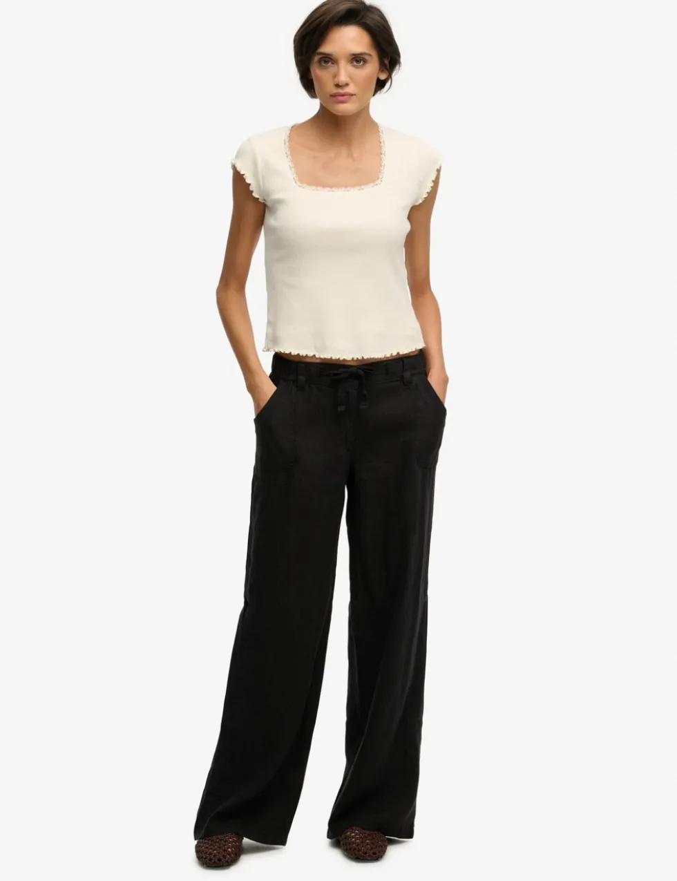 Pure Linen Low Rise Wide Leg Trousers