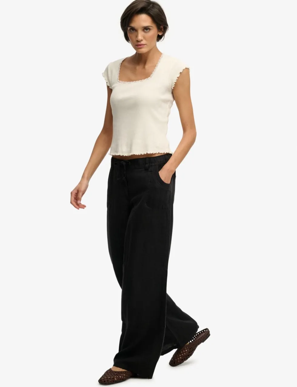 Pure Linen Low Rise Wide Leg Trousers