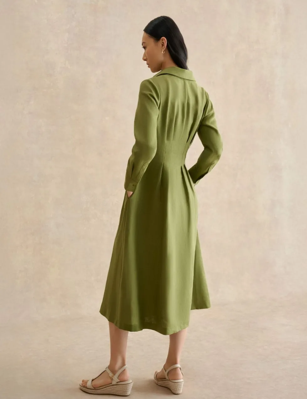 Pure Linen Midi Waisted Dress