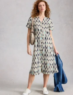 Pure Linen Notch Neck Midi Tea Dress