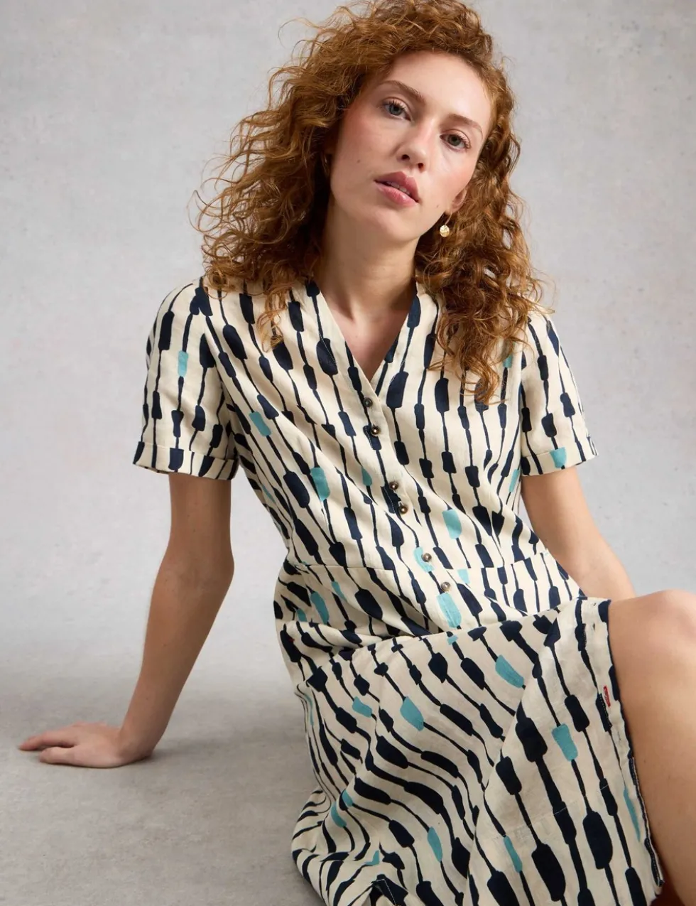 Pure Linen Notch Neck Midi Tea Dress