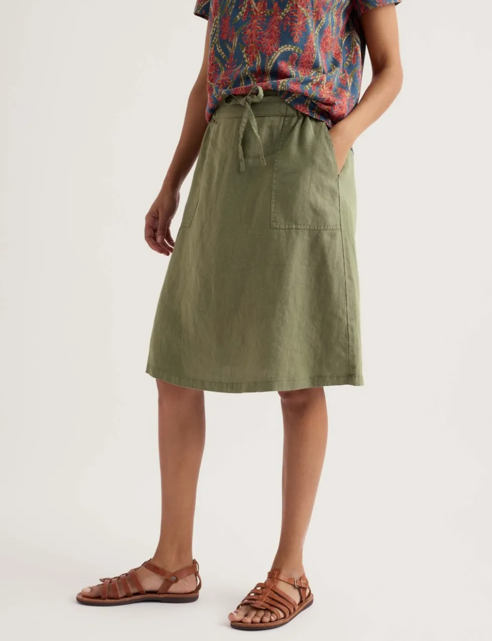 Pure Linen Patch Pocket A-Line Skirt