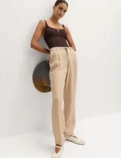 Pure Linen Pleat Front Belted Tapered Trousers