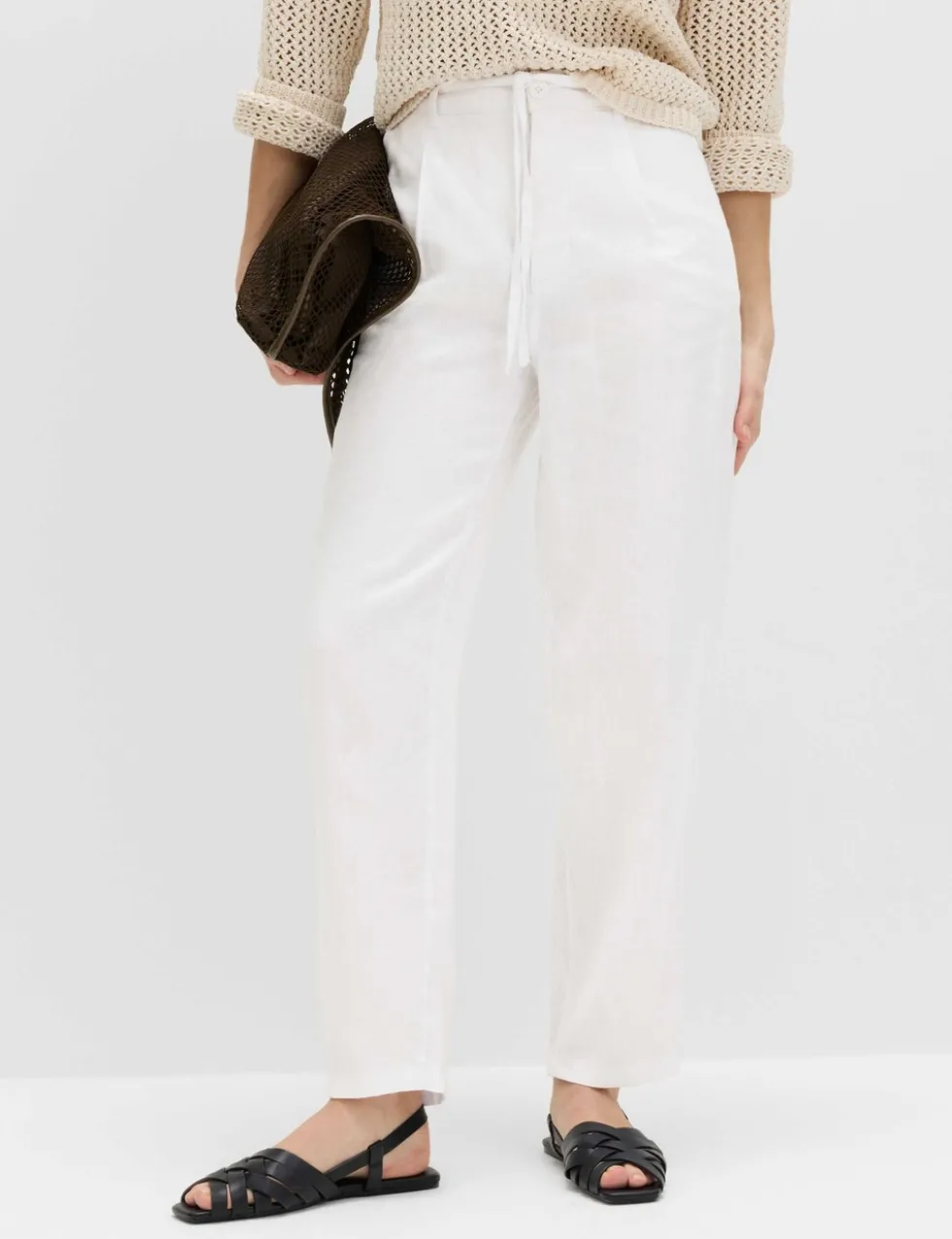 Pure Linen Pleat Front Belted Tapered Trousers