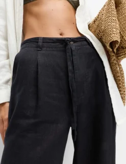 Pure Linen Pleat Front Belted Tapered Trousers