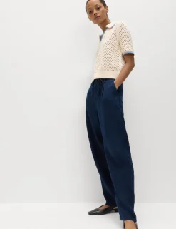 Pure Linen Pleat Front Belted Tapered Trousers
