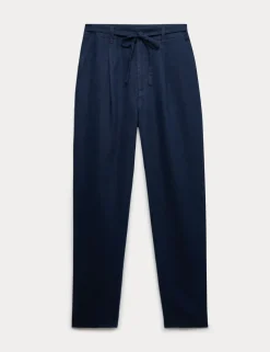 Pure Linen Pleat Front Belted Tapered Trousers